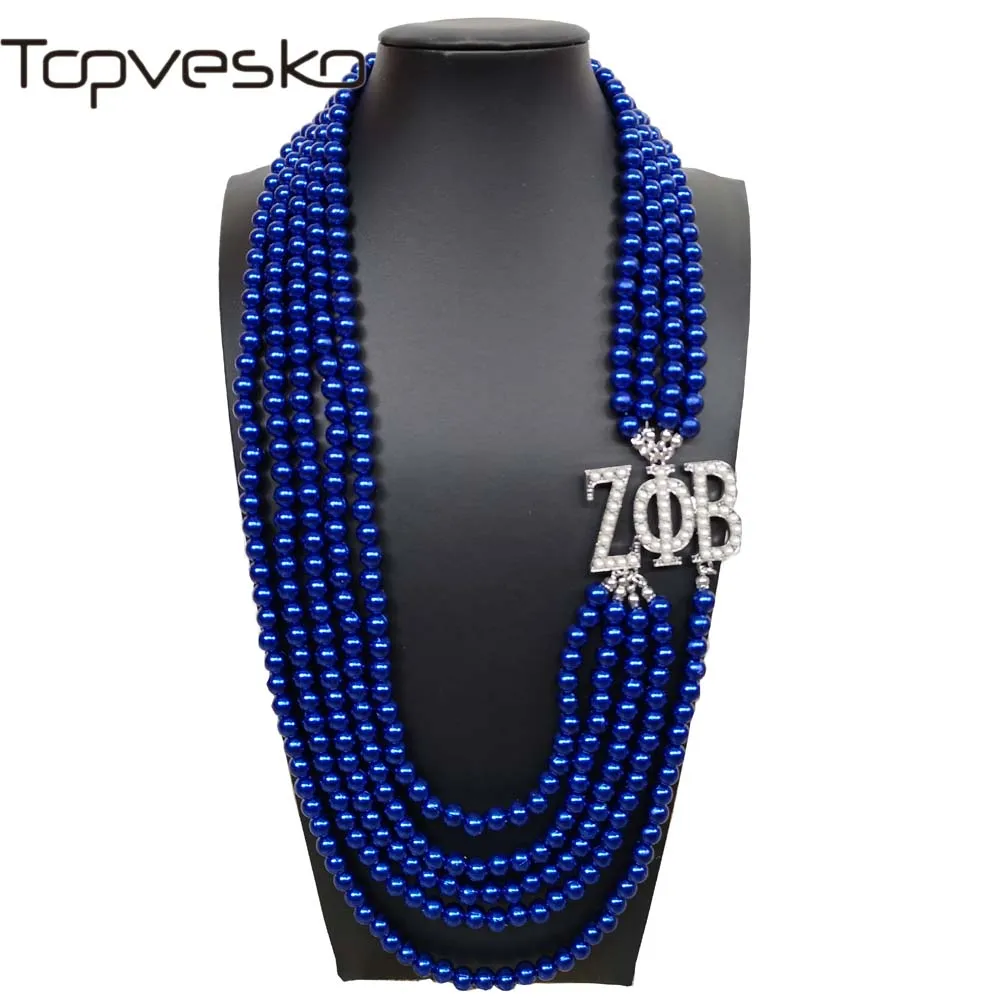 Topvekso Greece Greek Sorority Zeta Phi Beta  5 Layers Blue Pearl ZPB  Pendant Multilayer Statement Jewelry Long Choker