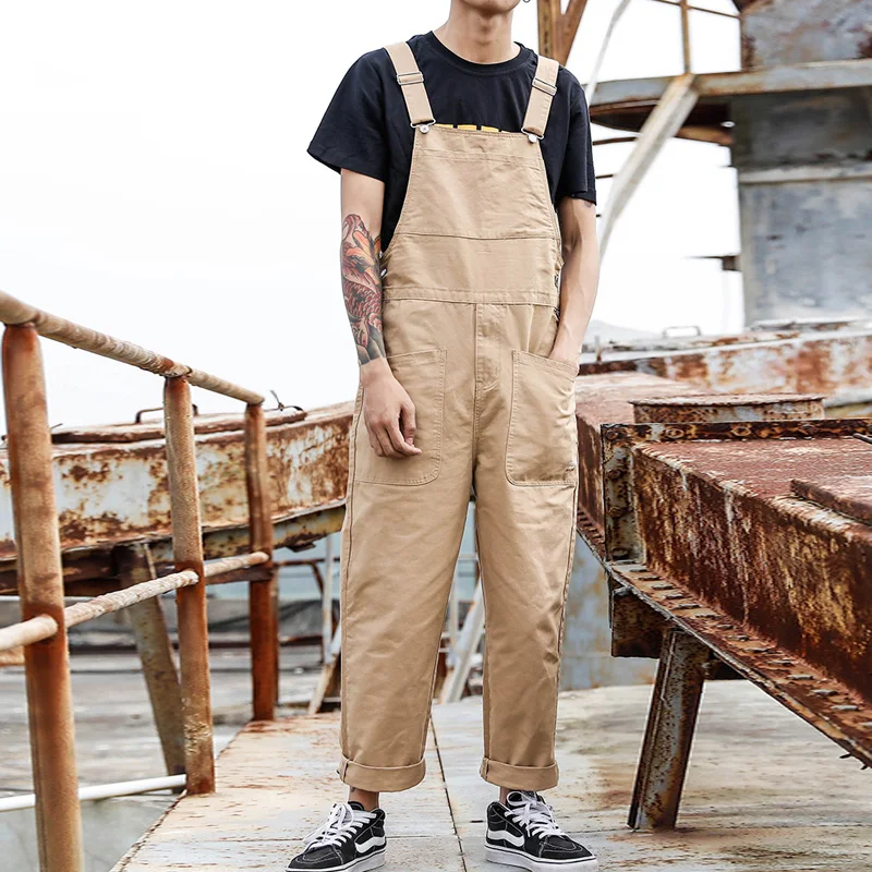 Men\'s loose big pockets cargo bib overalls Casual coveralls Suspenders jumpsuits Khaki Army green pants