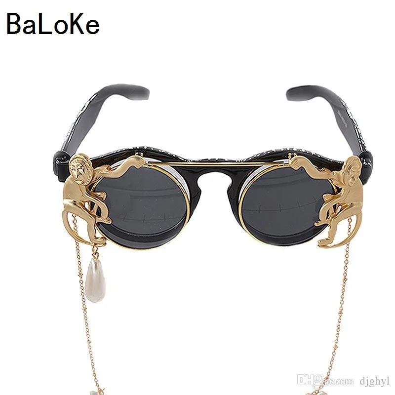 

Fashion Retro Round Monkey Metal Chains Decoration Baroque Sunglasses Women Fashion Designer Clamshell Cool Eyewear Jewelry