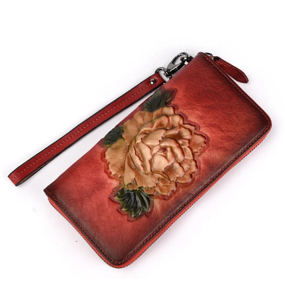 SOUTH GOOSE Women Clutch Leather Wallet Female Vintage Long Zipper Handy Bag Floral Embossing Strap Money Purse Cellphone Bag