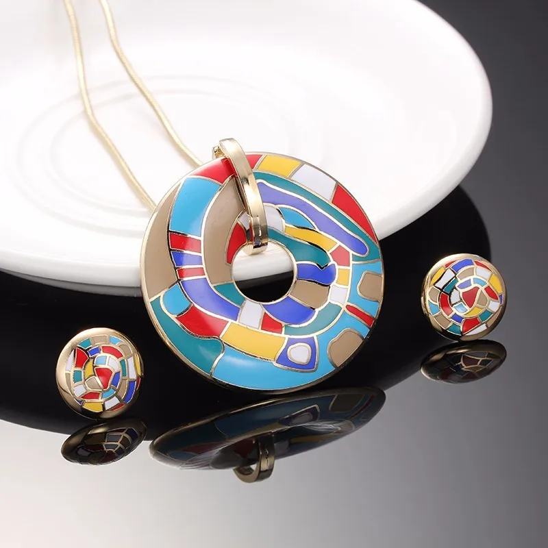 R&X 2016 Summer Style Enamel Jewelry Sets  Vintage Colorful Zinc Alloy For Women Girl Necklace Pendant Stud Earrings