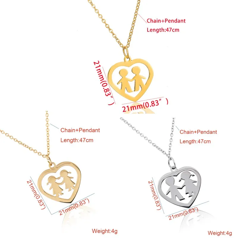 Fashion Figure Boy & Girl in Heart Pendant Necklace Stainless Steel Children Kids Necklace Gold Silver Color Chain Charm Choker