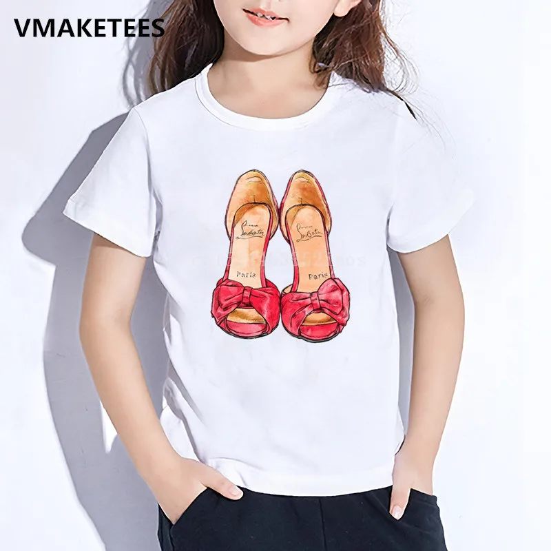 Kids Summer O-Neck Boys & Girls Tshirt Children Vintage Paris Red Shoes Print Funny T-shirt Fashion Casual Baby Clothes,HKP5273