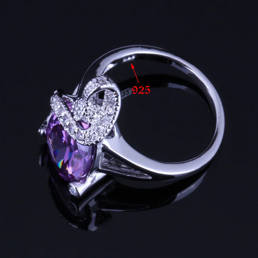 Enchanting Purple Cubic Zirconia Silver Plated Jewelry Sets Earrings Pendant Chain Ring V0239