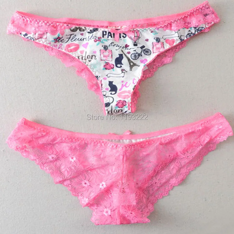 Cute Sexy Girl XXS-L Harajuku Kawaii Fresh Pink Cat Lace Floral Low Rise Briefs G string Underwears Thongs