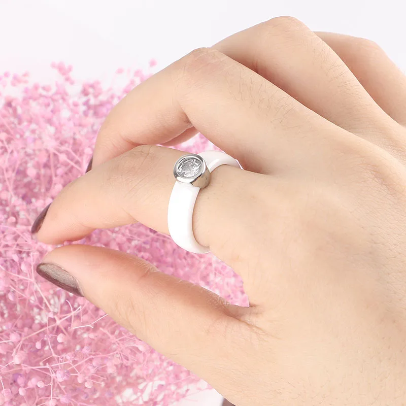 Engagement Ring AAA Cubic Zircon Big Stone Ceramic Ring Black White Stainless Steel Women Ring Fashion Jewelry Good Quality Gift