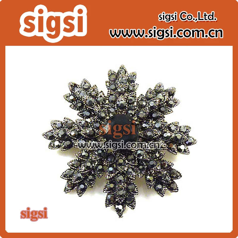 Wholesale clear and black rhinestone sparkly snowflake brooch pin