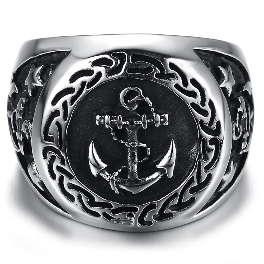 Men\'s  Anchor Nautical Sailor Black Silver color 316L Stainless Steel Biker Ring