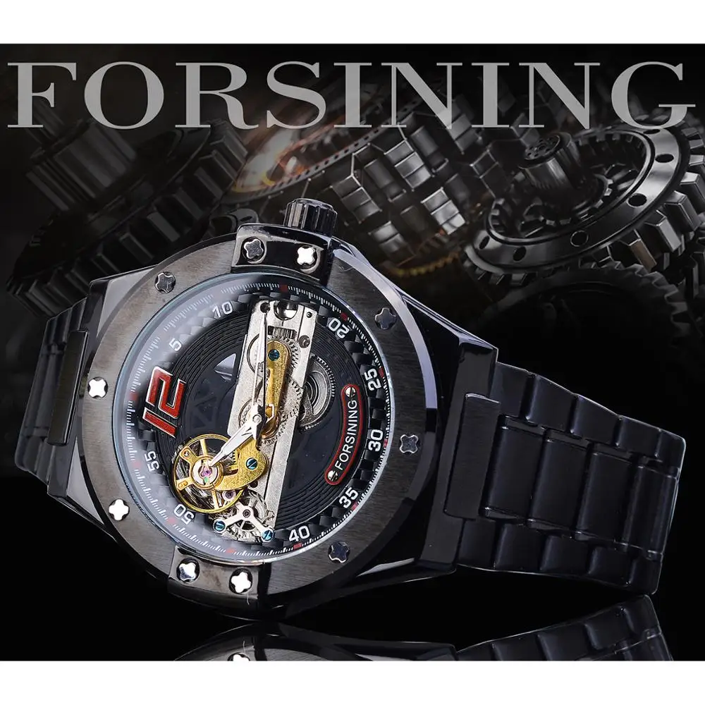 Forsining Transparent Automatic Men Watch Golden Bridge Mechanical Black Stainless Steel Band Skeleton Watches Relogio Masculino