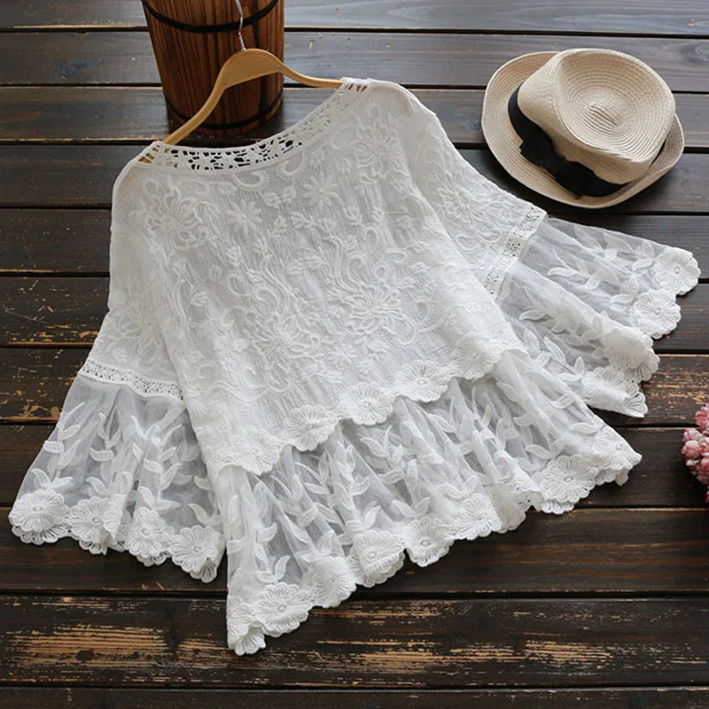 Spring Summer Mori Girl Lace Shirt Women Perspective White Floral Embroidered V Neck Casual Loose Female Blouse Tops U149