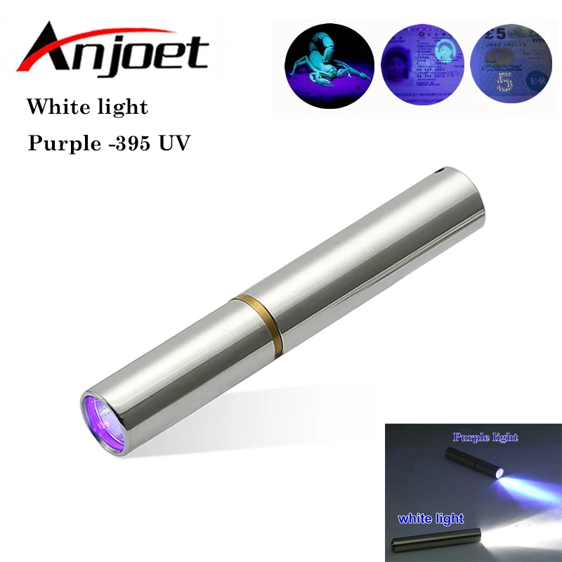 Anjoet White/ Purple light 395 UV LED Flashlight Torch Lamp Mini Pocket Portable for Working Camping Fluorescent agent detection