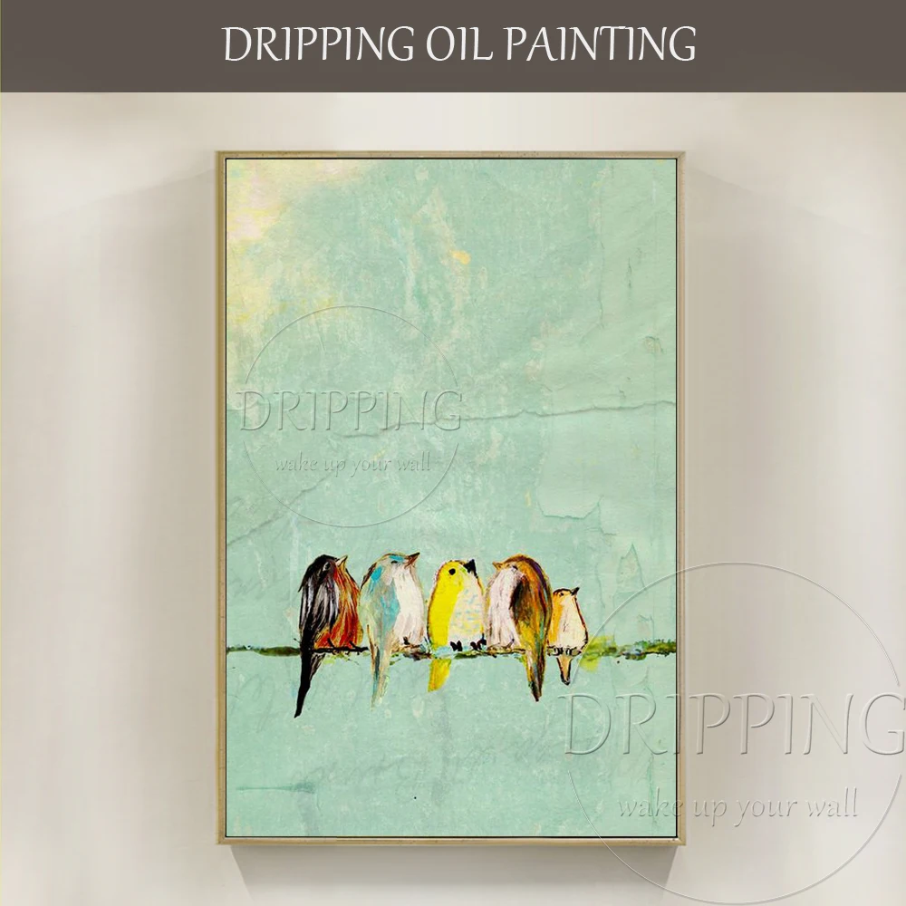 

New Painting Artist Hand-painted Small Birds Oil Painting on Canvas Lovely 5 Baby Birds Oil Painting for Living Room Decoration