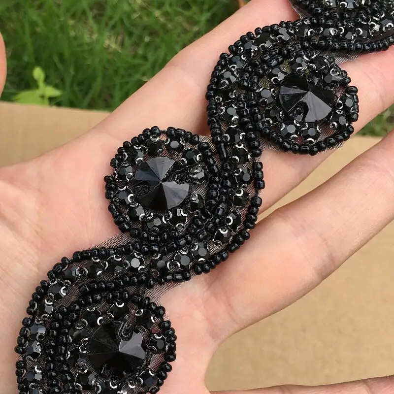 88cm/pack 3.3cm wave-shape black crystal chain hotfix rhinestone dress trims for women garment decoration DIY crafts supplies