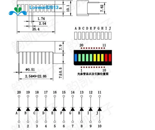 2Pcs/Lot 10 Segment Full Color LED Bargraph Light Display Module Ultra Bright Red Yellow Green Blue(RYGB) Dip DIY