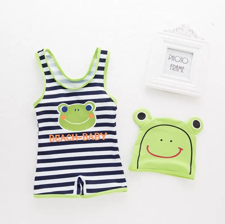 Hot sale~ Lovely Striped Frog Pattern Baby Boy Conjoined Swimwear with Swimming Cap/Children Hot Spring Swimming Suit  3094