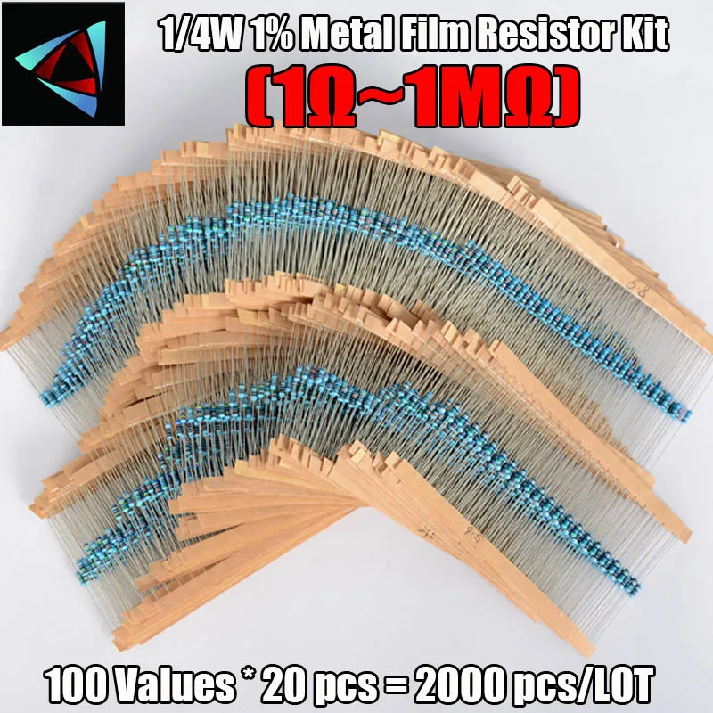 2000Pcs 100Values 1/4W 1% 1~1M Ohm Metal Film Resistor Kit  Assortment Set