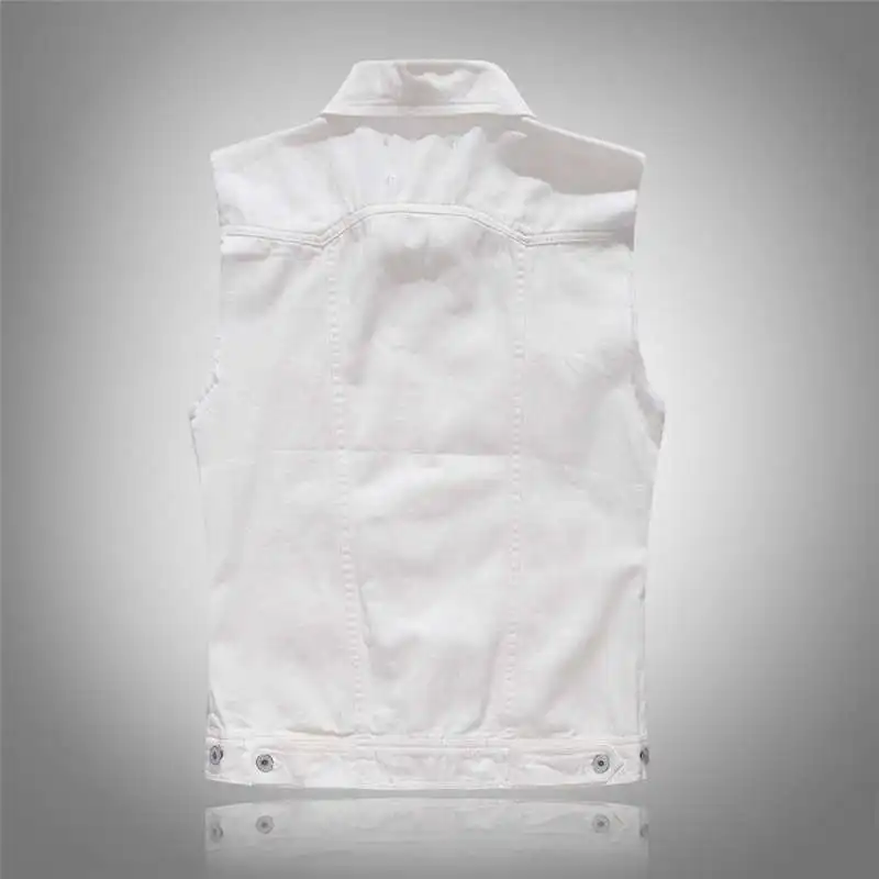 Idopy Men`s White Denim Vest Ripped Sleeveless Slim Fit Solid Jean Jacket Coat Waistcoat Gilet For Male