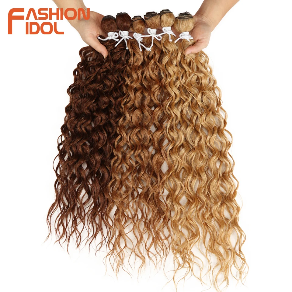 Fashionable IDOL-Extensões de cabelo sintético para mulheres negras, Afro Kinky Curly Hair Bundles, Ombre Blonde, resistente ao calor, 6 PCs, 24-28in