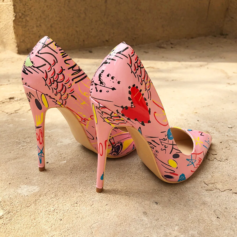 Veowalk Artistic Graffiti Print Women Sexy Stiletto High Heels Pink Ladies Party Pointed Toe Pumps Shoes Color Customized Accept