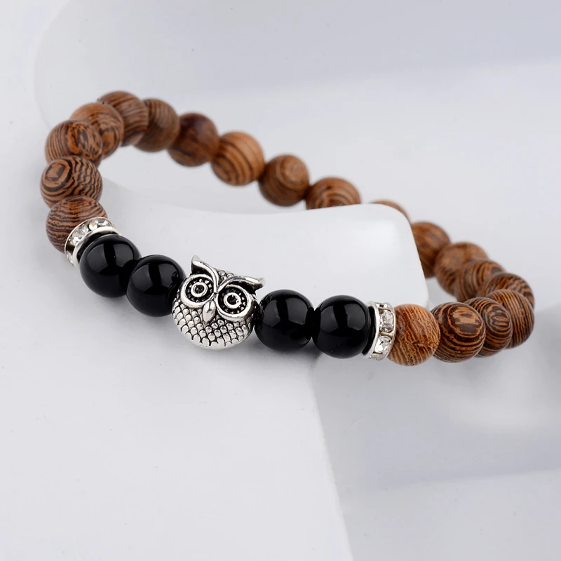 Wood Beads Bracelets Gold&Silver Color Owl &Black Beads Bracelet Women Retro Prayer Jewelry Yoga Dropshipping