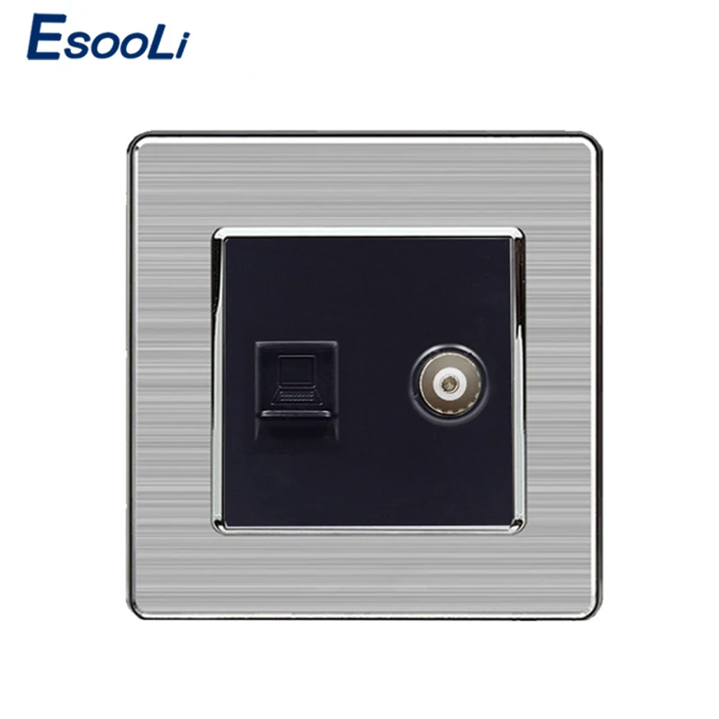 

Esooli 2 Gang RJ45 Internet Data Computer Jack CAT5E Connector With Female TV Outlet Stainless Steel Brushed Panel Wall Socket