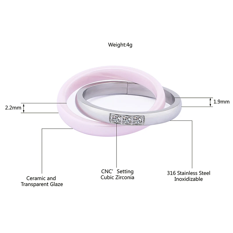 New Stainless Steel Ceramic Pink Round Zircon Ring For Women Girl Wedding Fashion Jewelry Engagement Promise Double Finger Rings