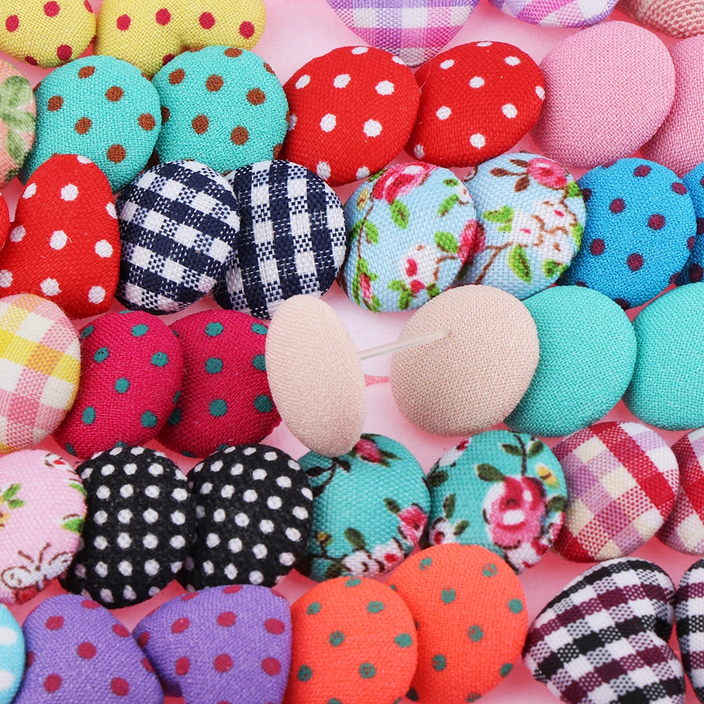 36 Pairs Women Retro Dots Fabric Button Earrings Set Round Heart Stud Earrings