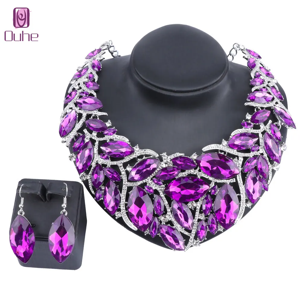 Women Accessories Wedding Bridal Silver Color Statement Rhinestone Crystal Pendant Necklace Earring Party Jewelry Set