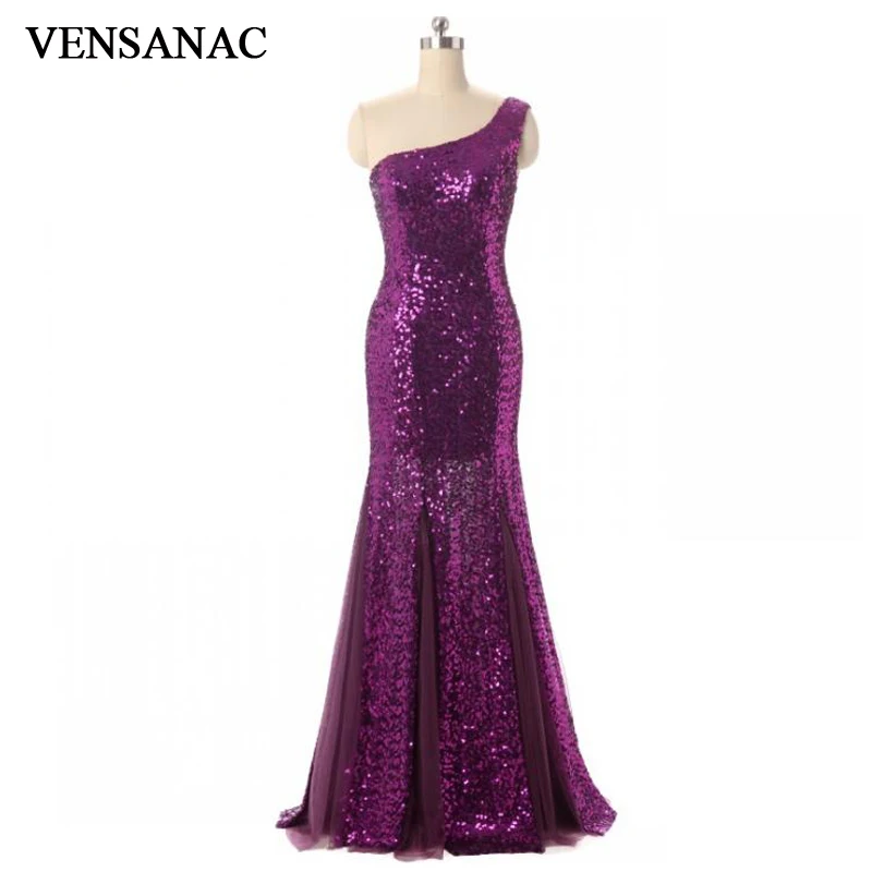 

VENSANAC One Shoulder Lace Long Mermaid Evening Dresses 2018 Eleagant Sequin Zipper Back Sleeveless Party Prom Gowns