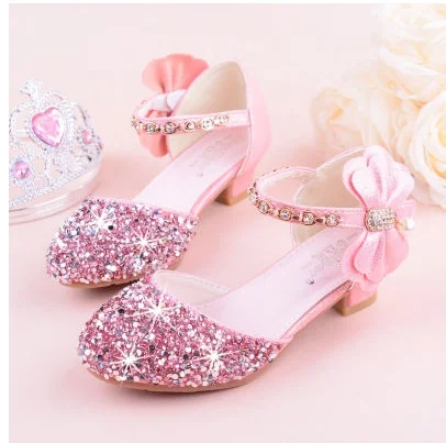 Children Princess Beading Sandals Kids Flower Wedding Shoes High Heels Dress Shoes Party Shoes for Girls Pink Silver purple