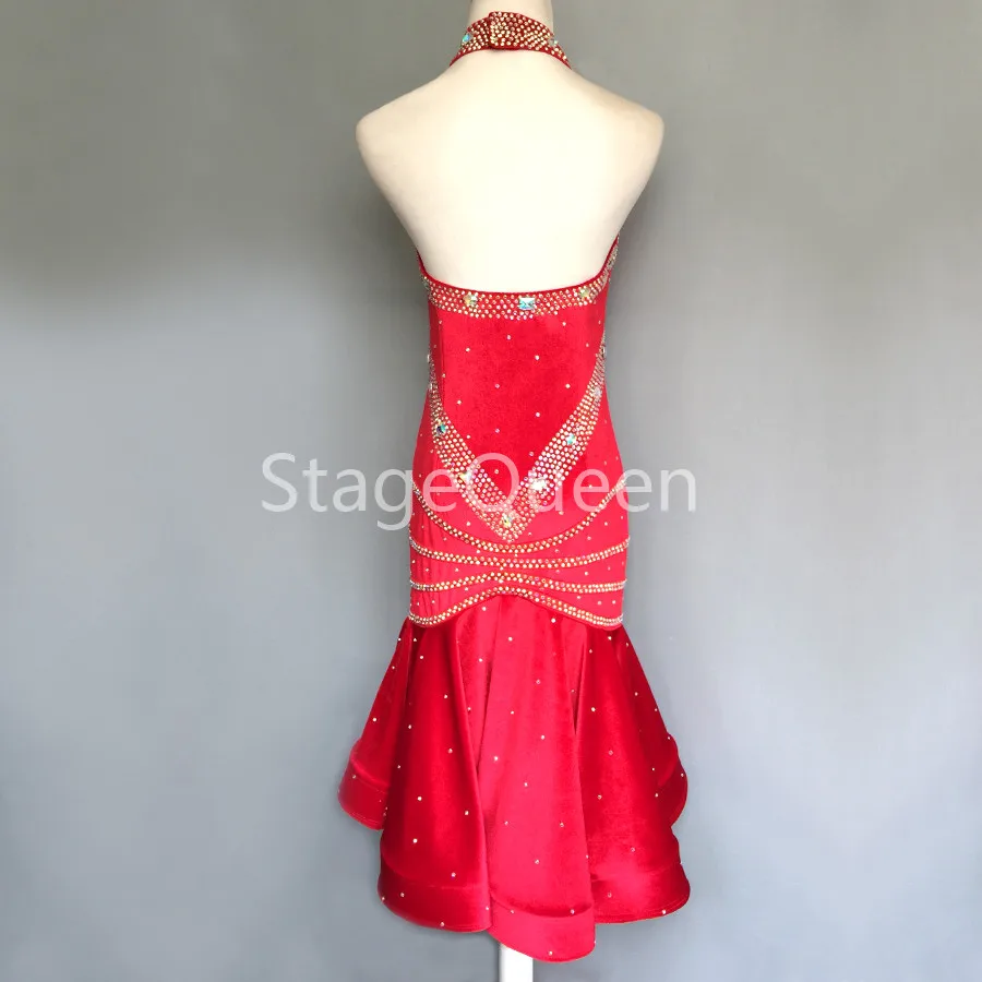 Rhinestones Sexy Openwork Latin Dance Red Dress Competition Performance Dancewear Stretch Net Practice Clothes Fish Bone Skirt