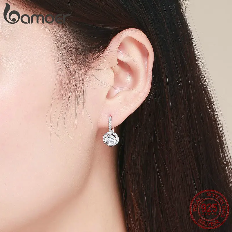 BAMOER Authentic 925 Sterling Silver Dazzling Cubic Zircon Round Zircon Drop Earrings for Women Wedding Silver Jewelry SCE508