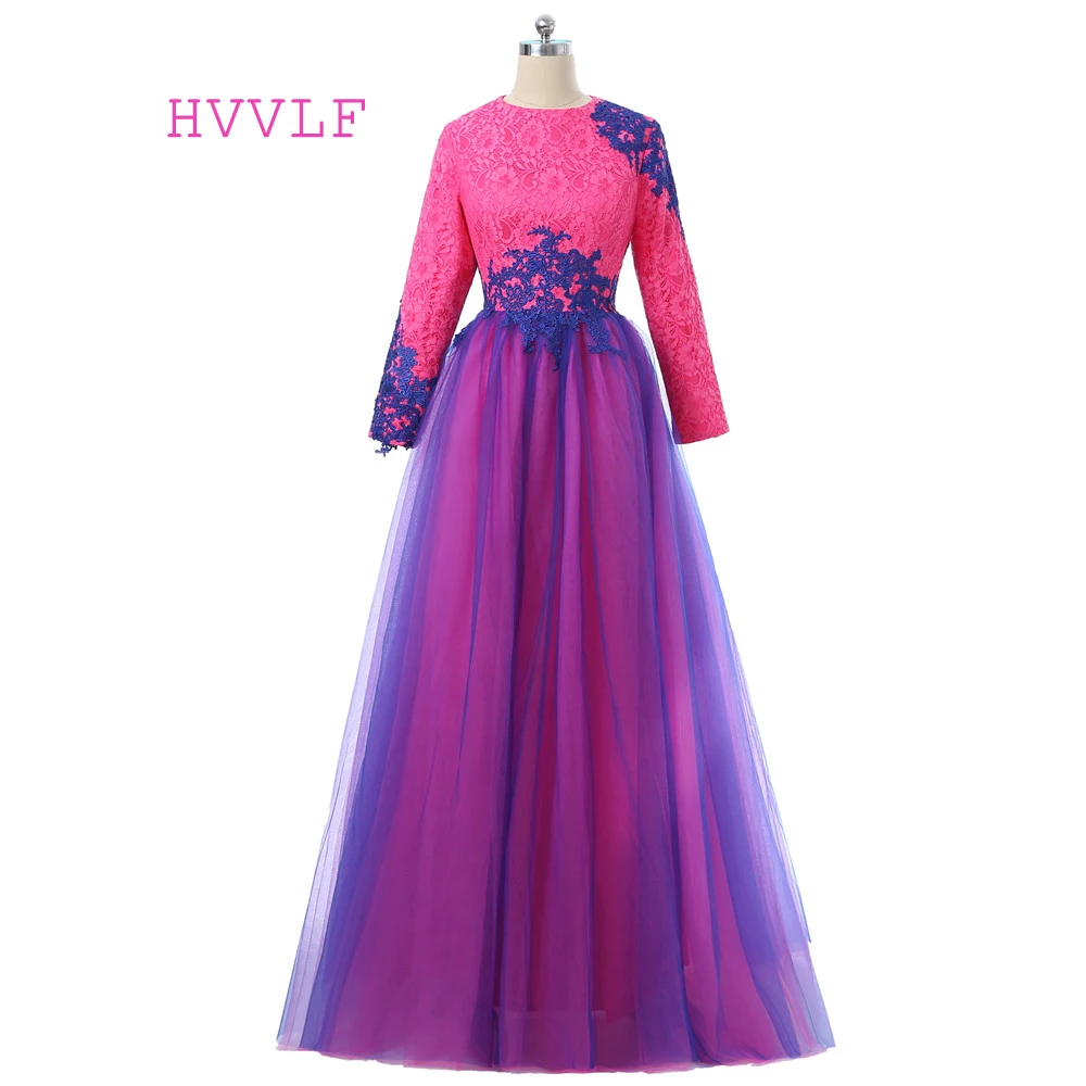 

Blue Muslim Evening Dresses A-line Long Sleeves Appliques Lace Hijab Dubai Abaya Saudi Arabia Long Evening Gown Prom Dress