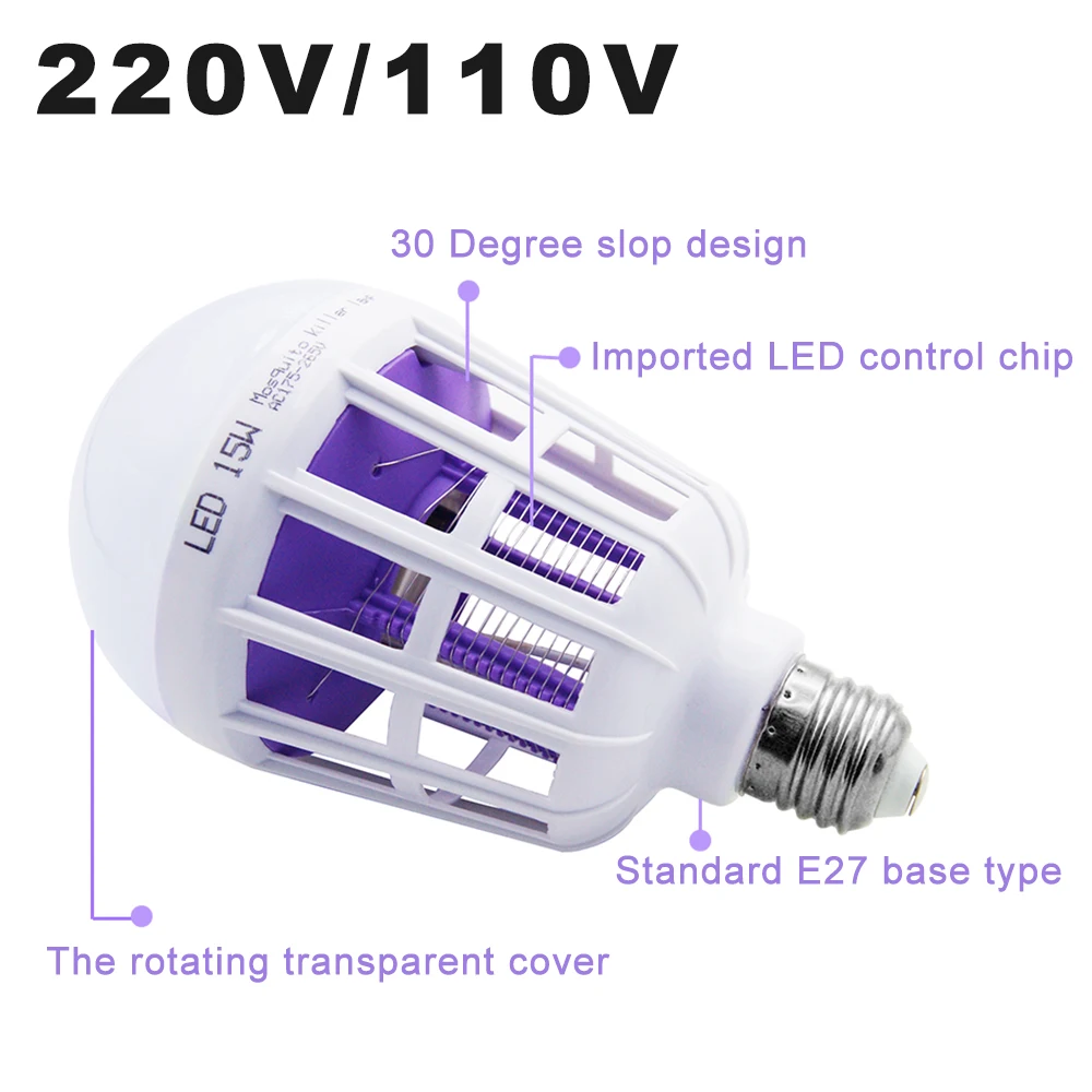 E27 Mosquito Killer Lamp Bulb 110V 220V 15W LED Light Bulbs 2 In 1 Repellent Fly Killing Lighting Bug Zapper Energy Saving Lamps