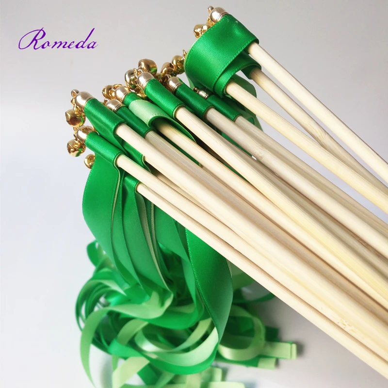 

Hot selling 50pcs/lot light green & green stain ribbon wedding stick wands With gold Bells for wedding party