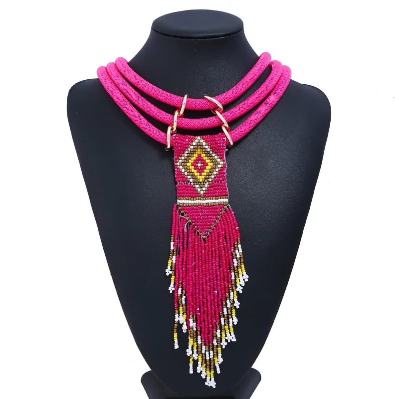 Women Boho Woven Beads Necklaces Jewelry Handmade Multilayer Bohemia Long Tassel Pendant Necklace Wholesale