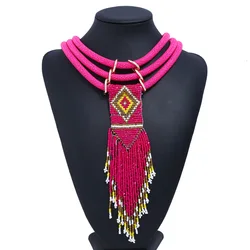 Women Boho Woven Beads Necklaces Jewelry Handmade Multilayer Bohemia Long Tassel Pendant Necklace Wholesale