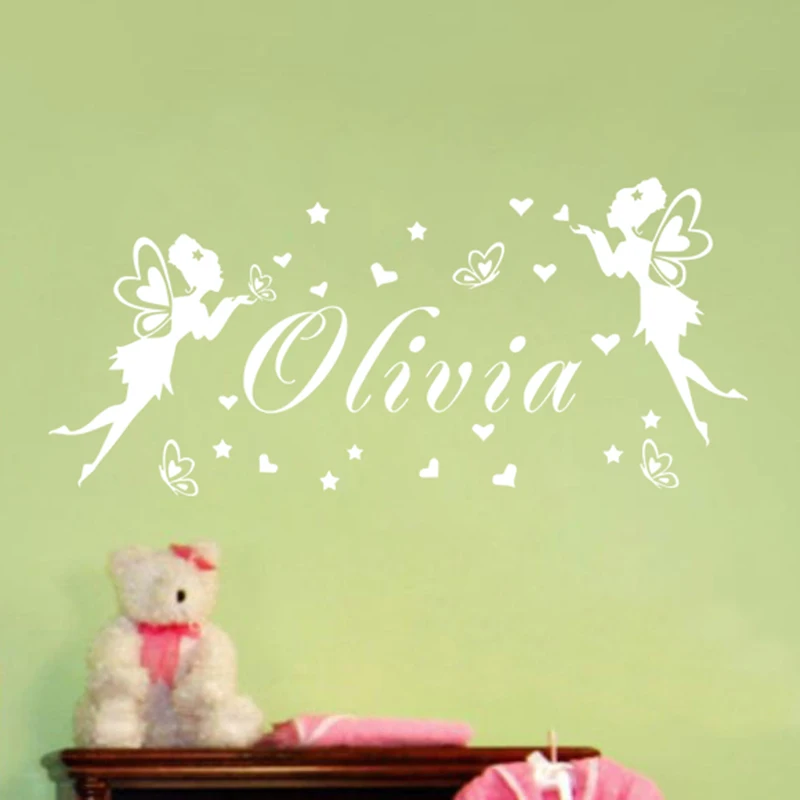 JJRUI Personalised Fairies Butterflies Any Name Vinyl Wall Sticker Art Decal Girls Home Decor Wall Stickers for Children Bedroom