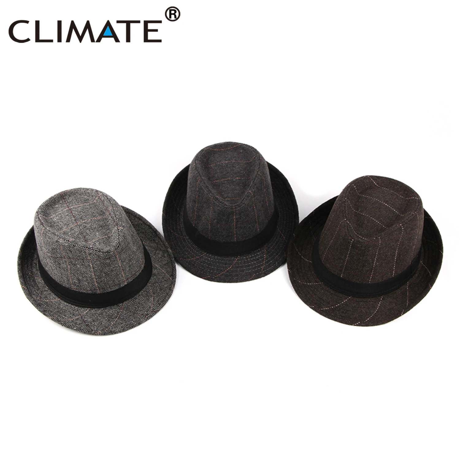 CLIMATE Men Jazz Hat Cap Fedora Plaid Formal Hats for Man Solid Winter Polyester Woolen Fedoras Cap Black Fedora Men Hat Cap