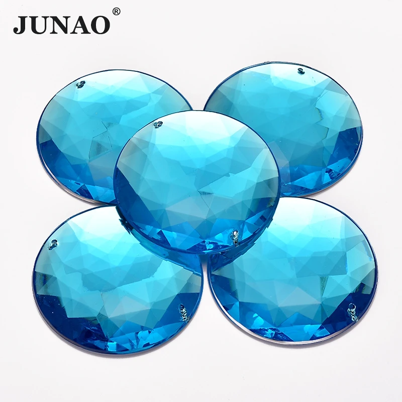 JUNAO 52mm Big Aqua Blue Round Rhinestones Applique Sewing Acrylic Gems Large Strass Sew On Flat Back Crystal Stones for Crafts