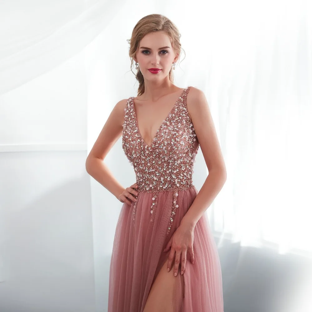 JaneVini – robe longue de demoiselle d'honneur, Sexy, décolleté en V profond, dos nu, traîne de balayage, fente haute, perles, ligne A, robes de bal formelles en Tulle