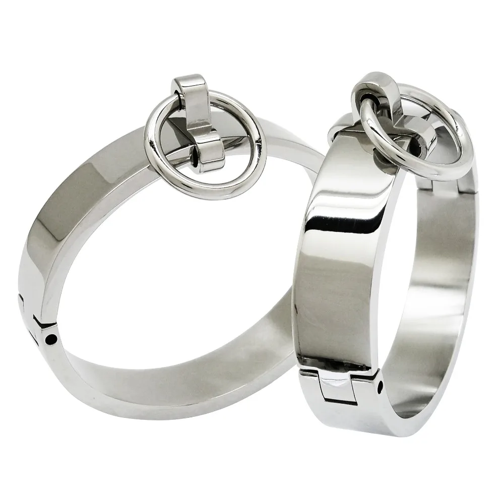 Polished stainless steel lockable slave wrist and ankle cuffs bondage restraints bracelet with removable O ring