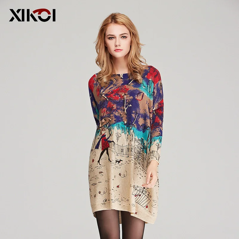 XIKOI Oversize Sweater Women Casual Pull Femme Batwing Sleeve Patchwork Print Long Sweaters Pullovers Fashion Loose Clothing