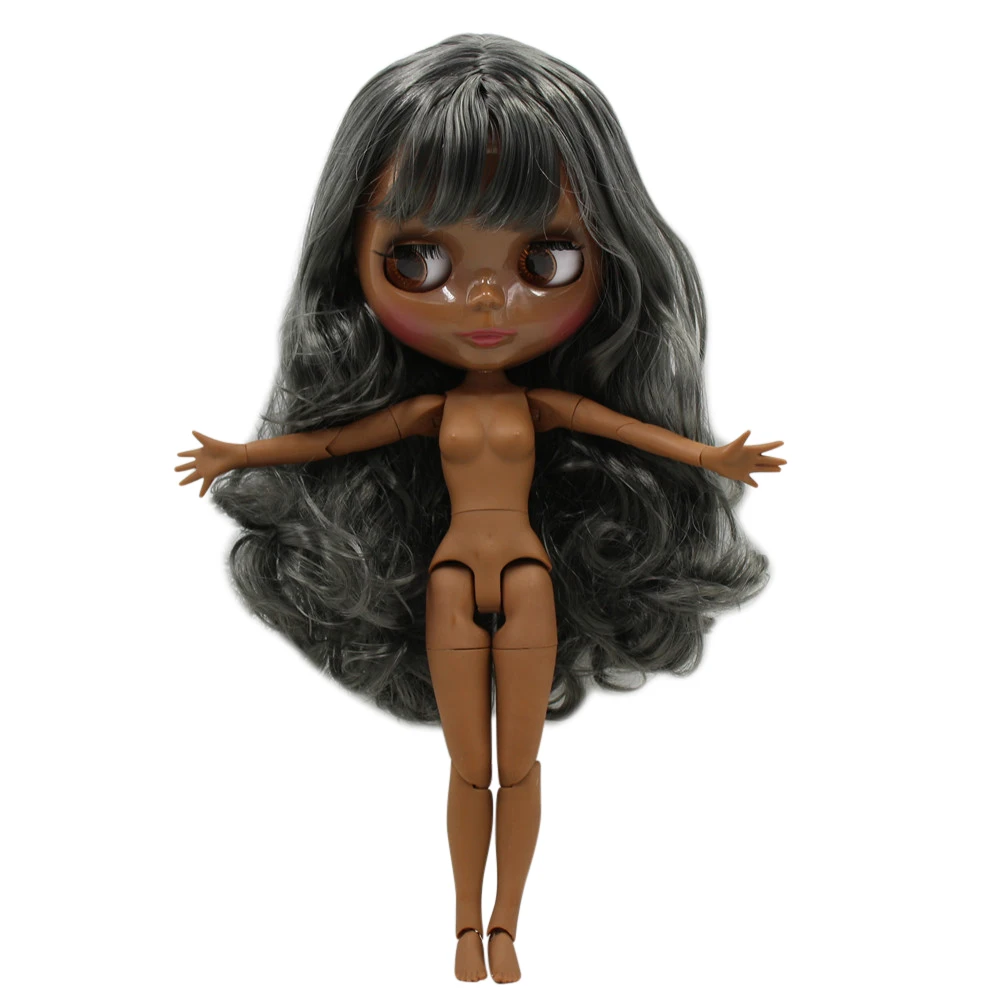 ICY DBS Blyth doll 1/6 30cm bjd super black dark skin Glossy face joint body deep pink curly hair.No.BL1290