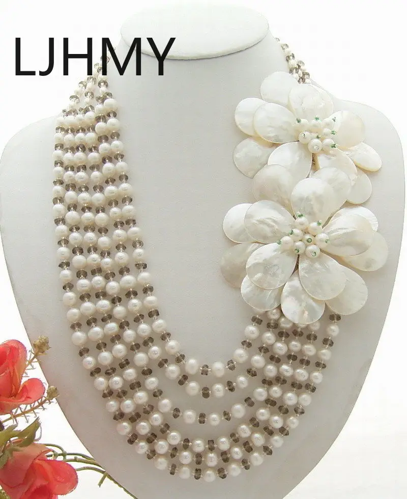 LJHMY  White Pearl Crystal Shell Flower Statement Necklace Women Wedding Party Necklace Gift for Evening Dress Jewelry