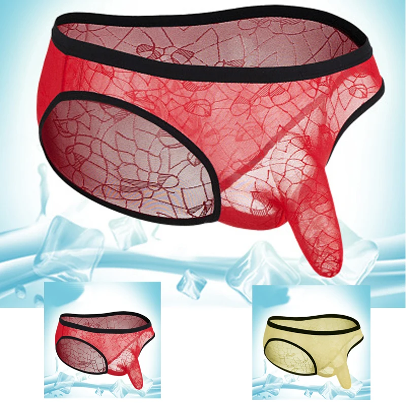 Men\'s transparent mesh lace guns elephant underwear breathable ice silk hollow thin section Men\'s briefs jockstrap gay underwear