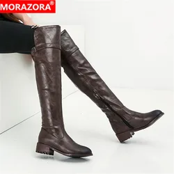 MORAZORA 2024 hot sale over the knee boots women pu retro zip autumn winter boots low heels casual shoes woman thigh high boots