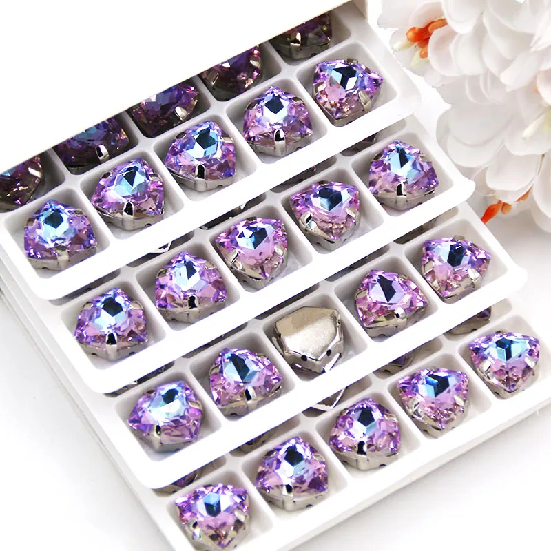 NEW 12mm Fat Triangle Bright purple rhinestones Glass Crystal sew on rhinestones sliver base with hole diy/clothing accessories