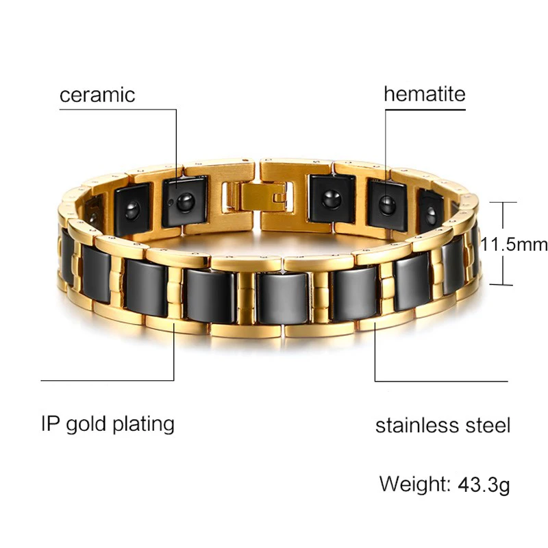 Vinterly Healing Energy Magnetic Hematite Bracelet Male Gold Color Stainless Steel Hand Chain Link Black Ceramic Bracelets Men