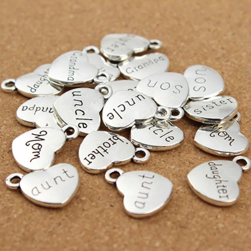 20pcs Mixed Antique Gold Color Heart Charms Family Grandpa Grandma Daughter Son Mom,Dad Brother Sister Letter Charms